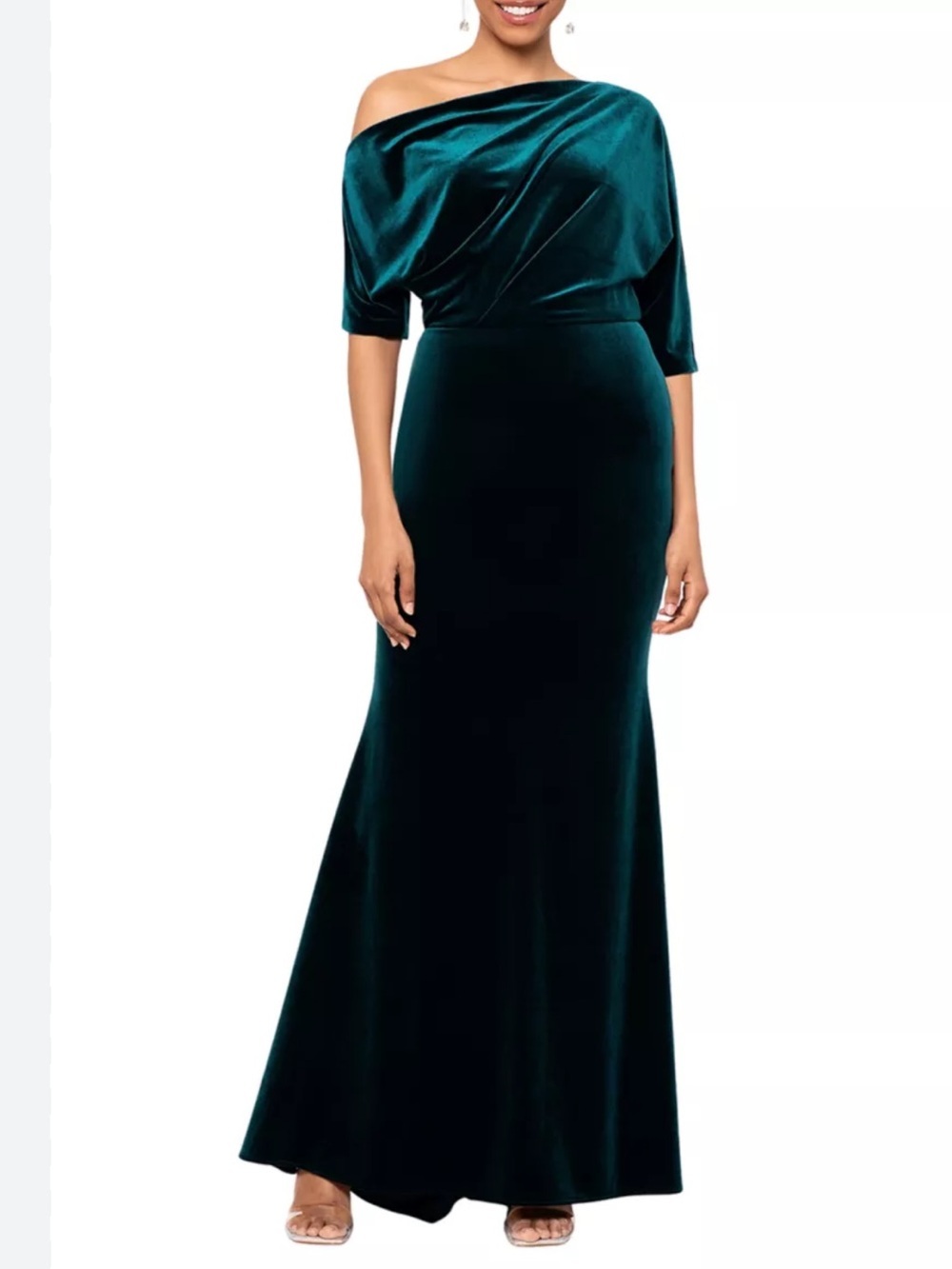 Betsy & Adam One-Shoulder Velvet Gown in Deep Emerald